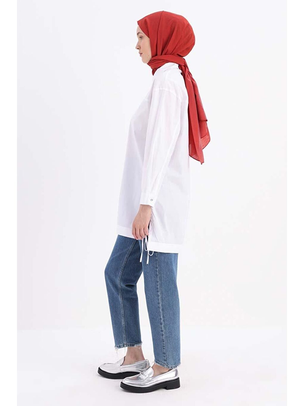 Beyaz %100 Pamuk Kolları Bağlama Detaylı Büyük Beden Gömlek Tunik-2