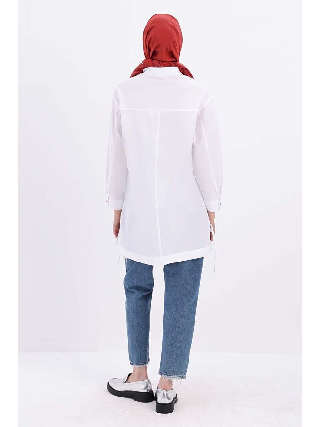 Beyaz %100 Pamuk Kolları Bağlama Detaylı Büyük Beden Gömlek Tunik-3