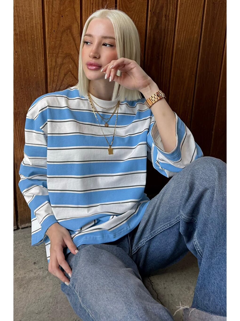 Mavi Bisiklet Yaka %100 Pamuklu Çizgili Uzun Kollu Tişört Mg2362-3