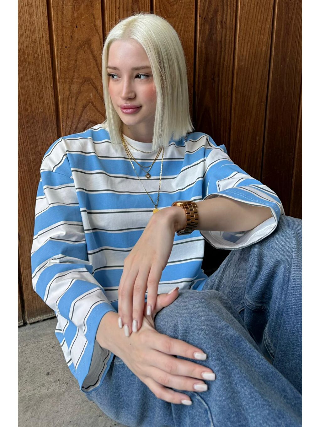 Mavi Bisiklet Yaka %100 Pamuklu Çizgili Uzun Kollu Tişört Mg2362-4