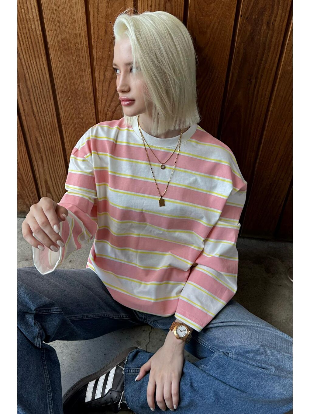 Pembe Bisiklet Yaka %100 Pamuklu Çizgili Uzun Kollu Tişört Mg2362-8