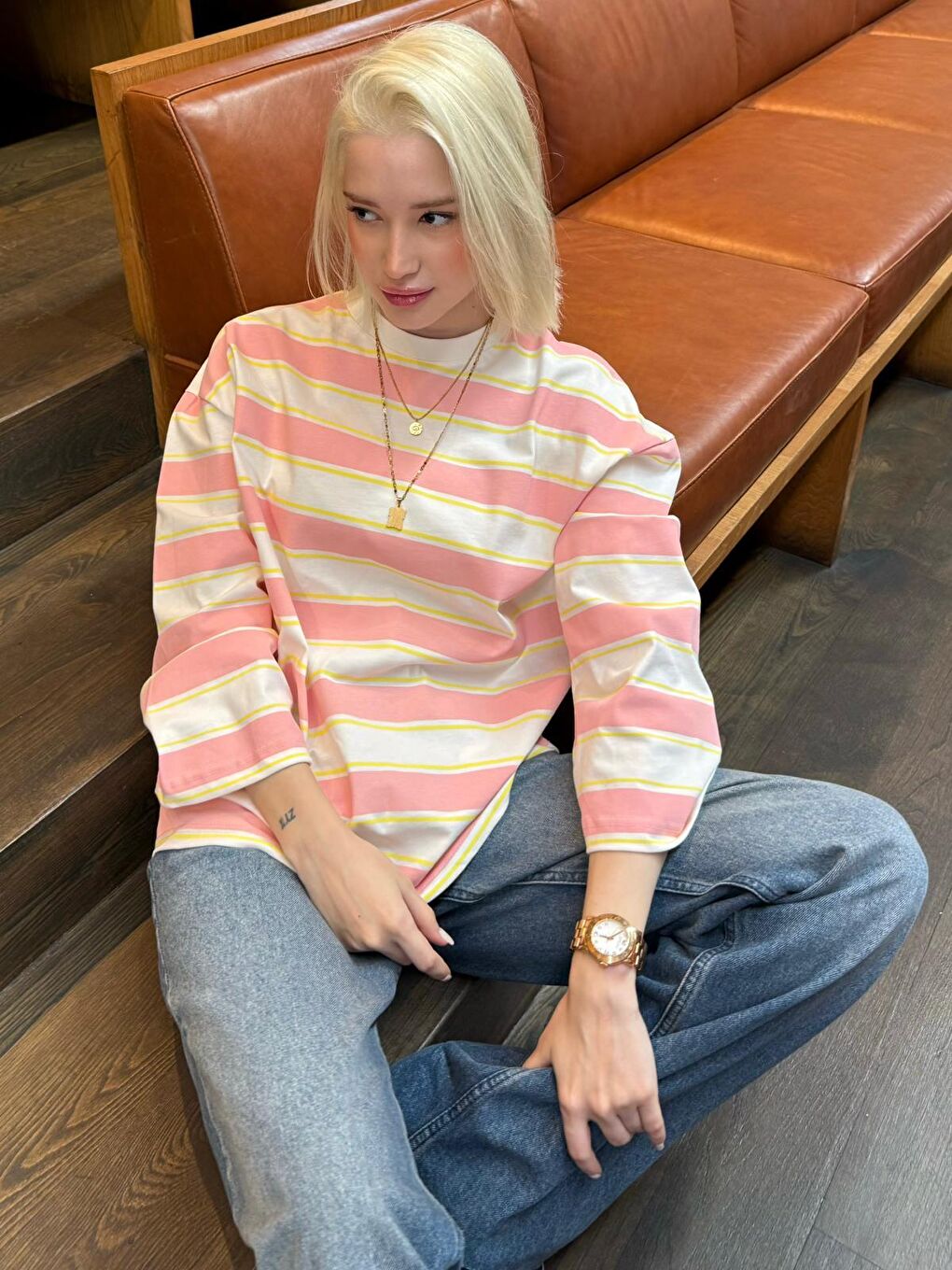 Pembe Bisiklet Yaka %100 Pamuklu Çizgili Uzun Kollu Tişört Mg2362-9