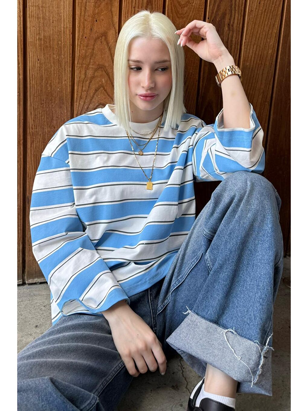 Mavi Bisiklet Yaka %100 Pamuklu Çizgili Uzun Kollu Tişört Mg2362-6