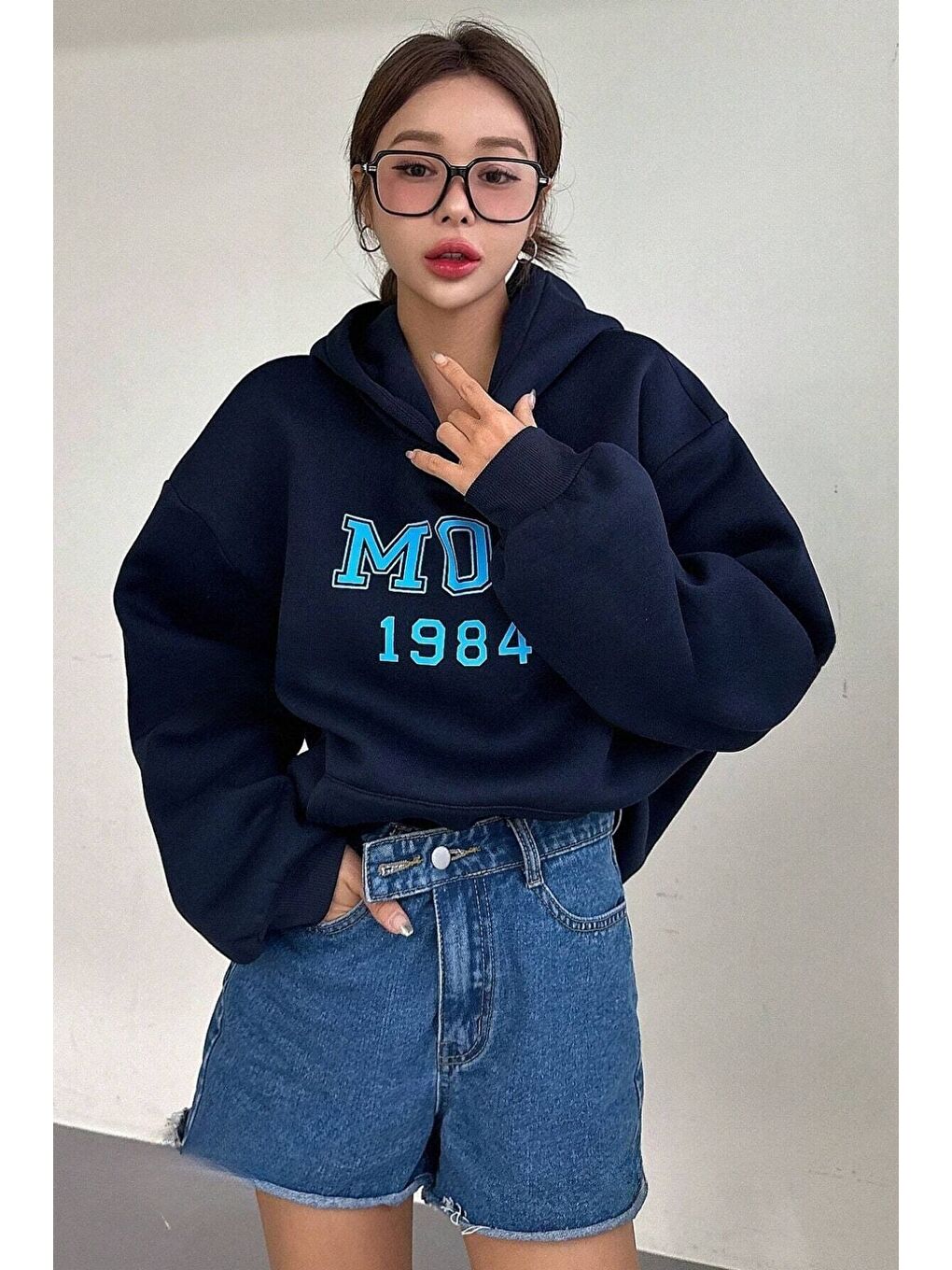 Kadın Lacivert Mod 1984 Baskılı Oversize Kapüşonlu Sweatshirt Hoodie-2