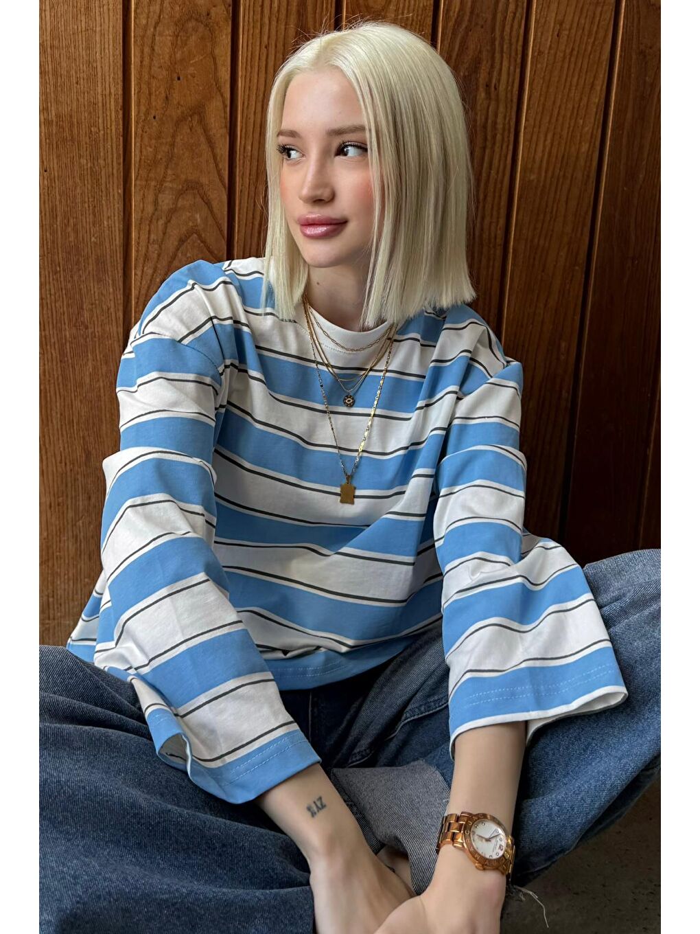 Mavi Bisiklet Yaka %100 Pamuklu Çizgili Uzun Kollu Tişört Mg2362-9