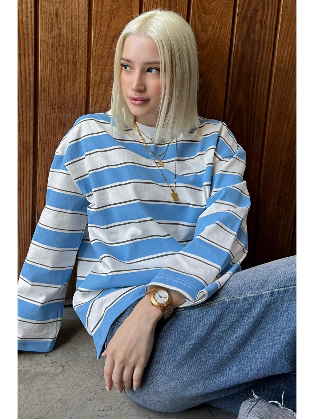 Mavi Bisiklet Yaka %100 Pamuklu Çizgili Uzun Kollu Tişört Mg2362-10