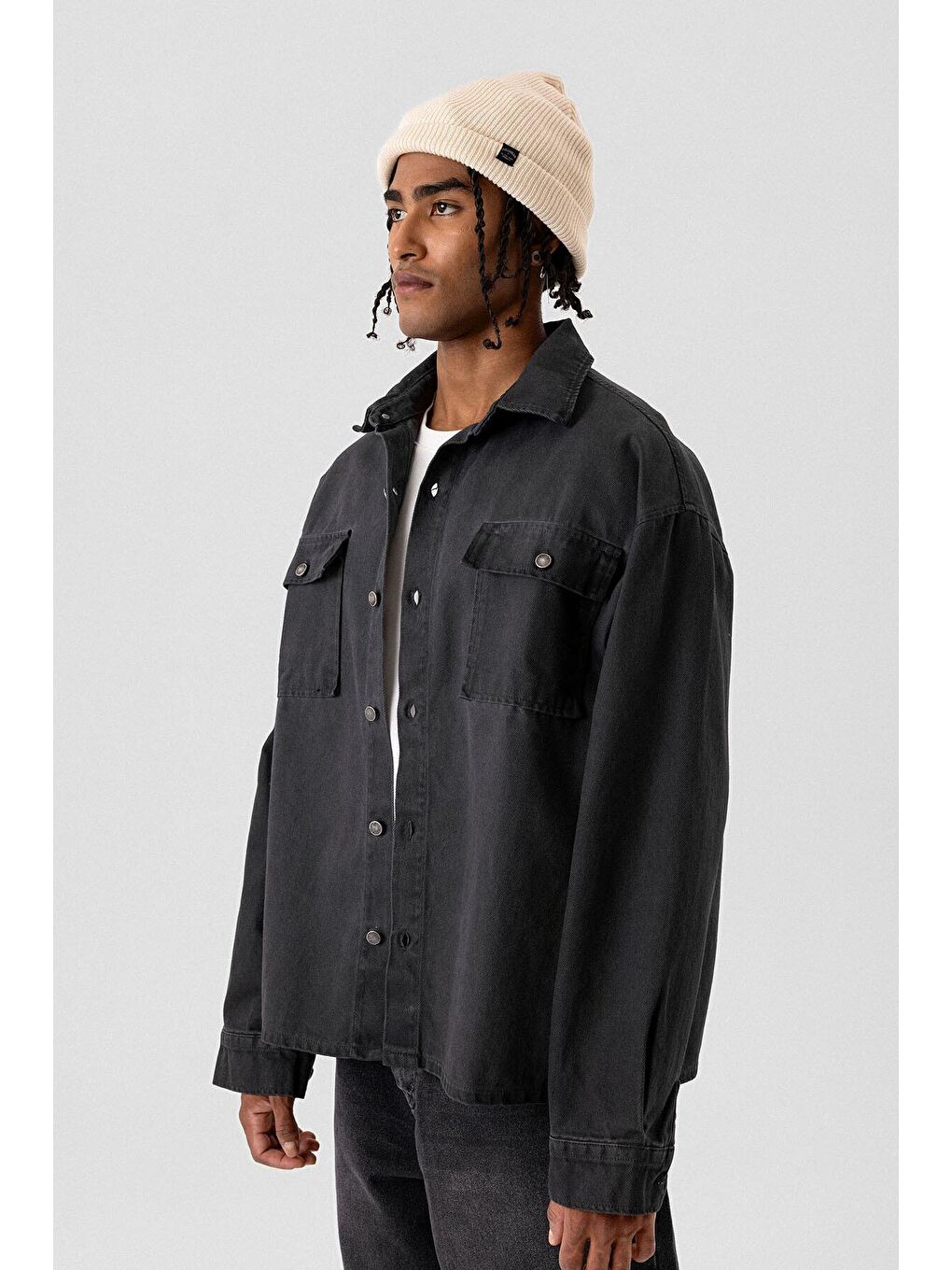 Cep Detaylı Oversıze Denım Ceket Siyah-3