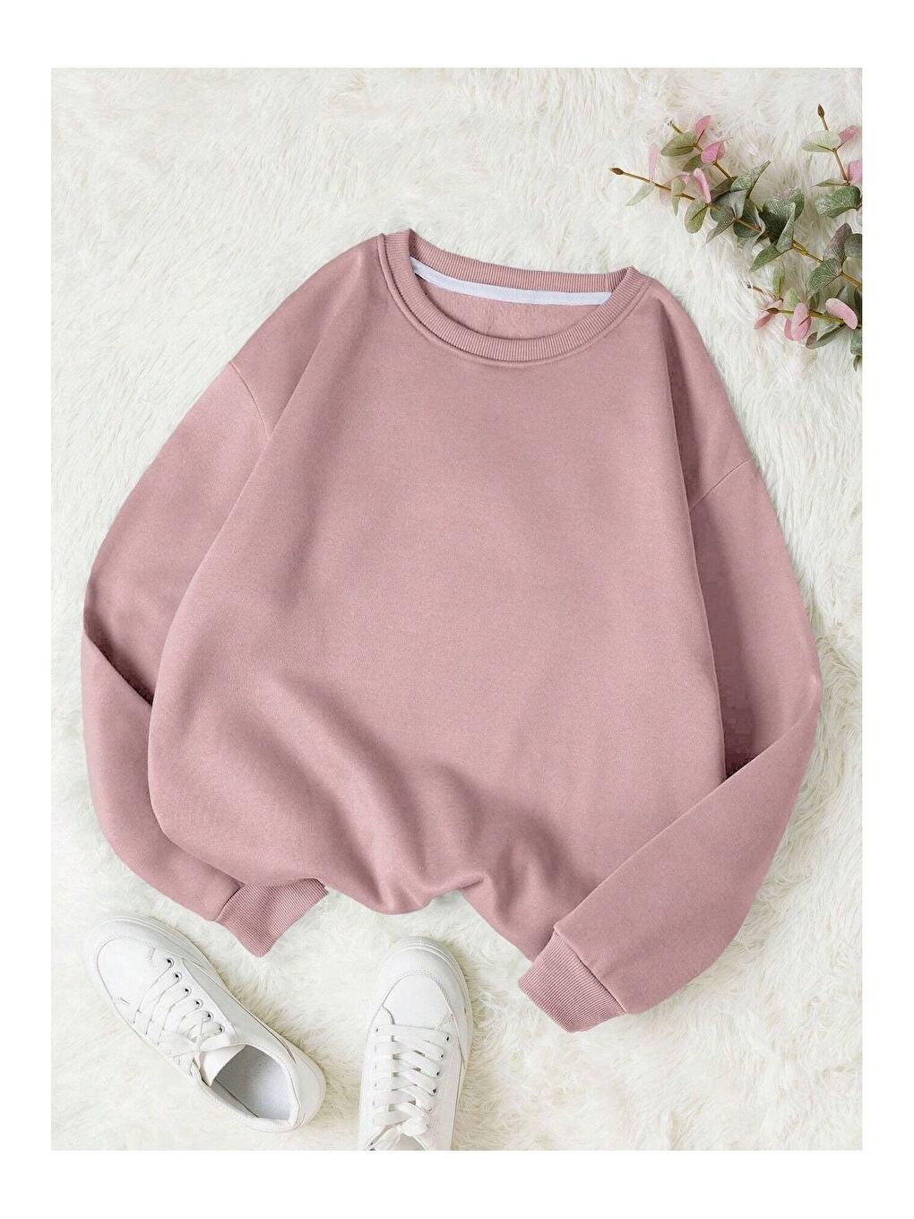 Trendseninle Pembe Kadın 3 Iplik Gül Kurusu Düz Bisiklet Yaka Sweatshirt