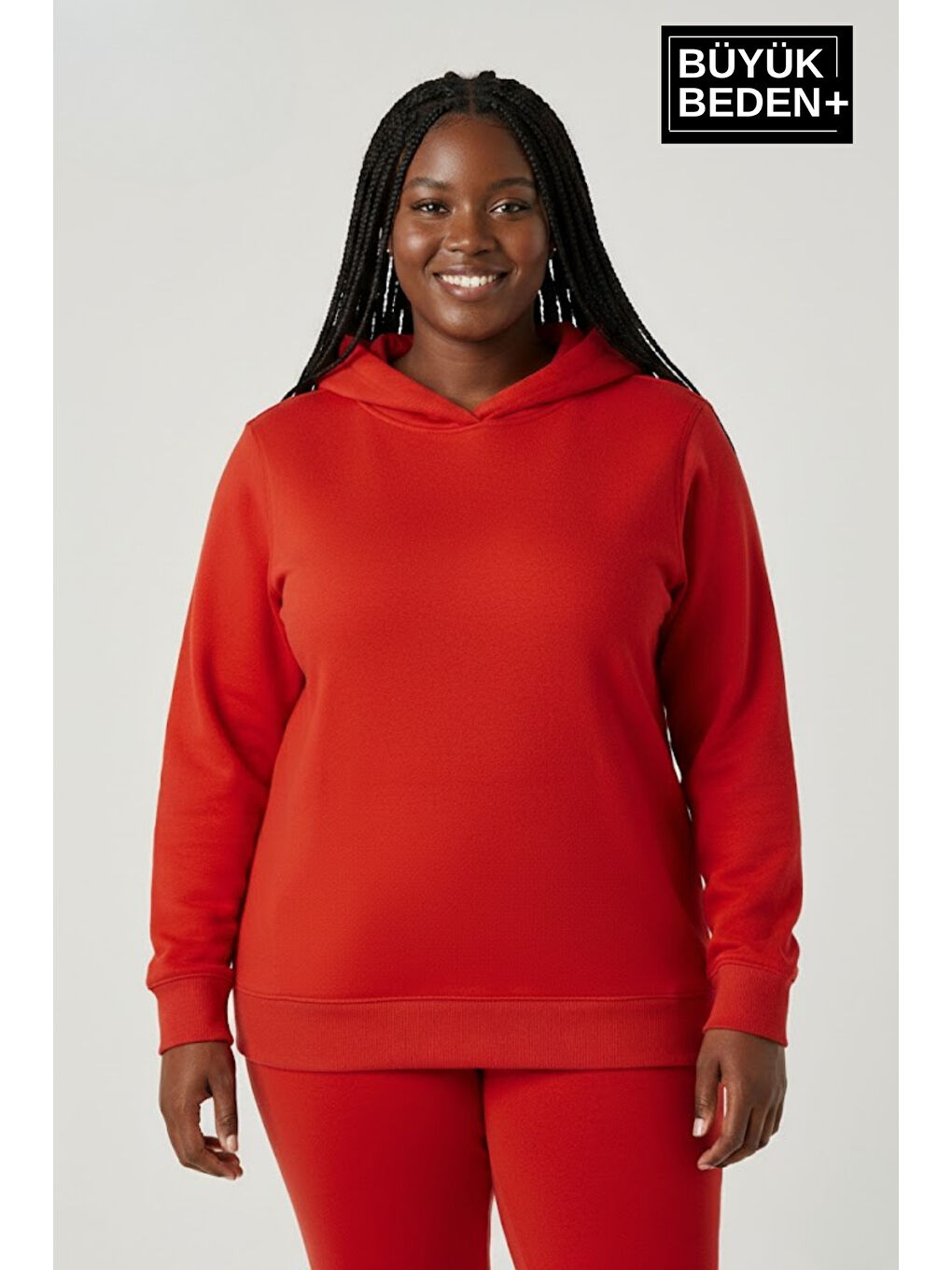 Kırmızı Kadın Büyük Beden Kapüşonlu ince Sweatshirt SPR24BSWK57