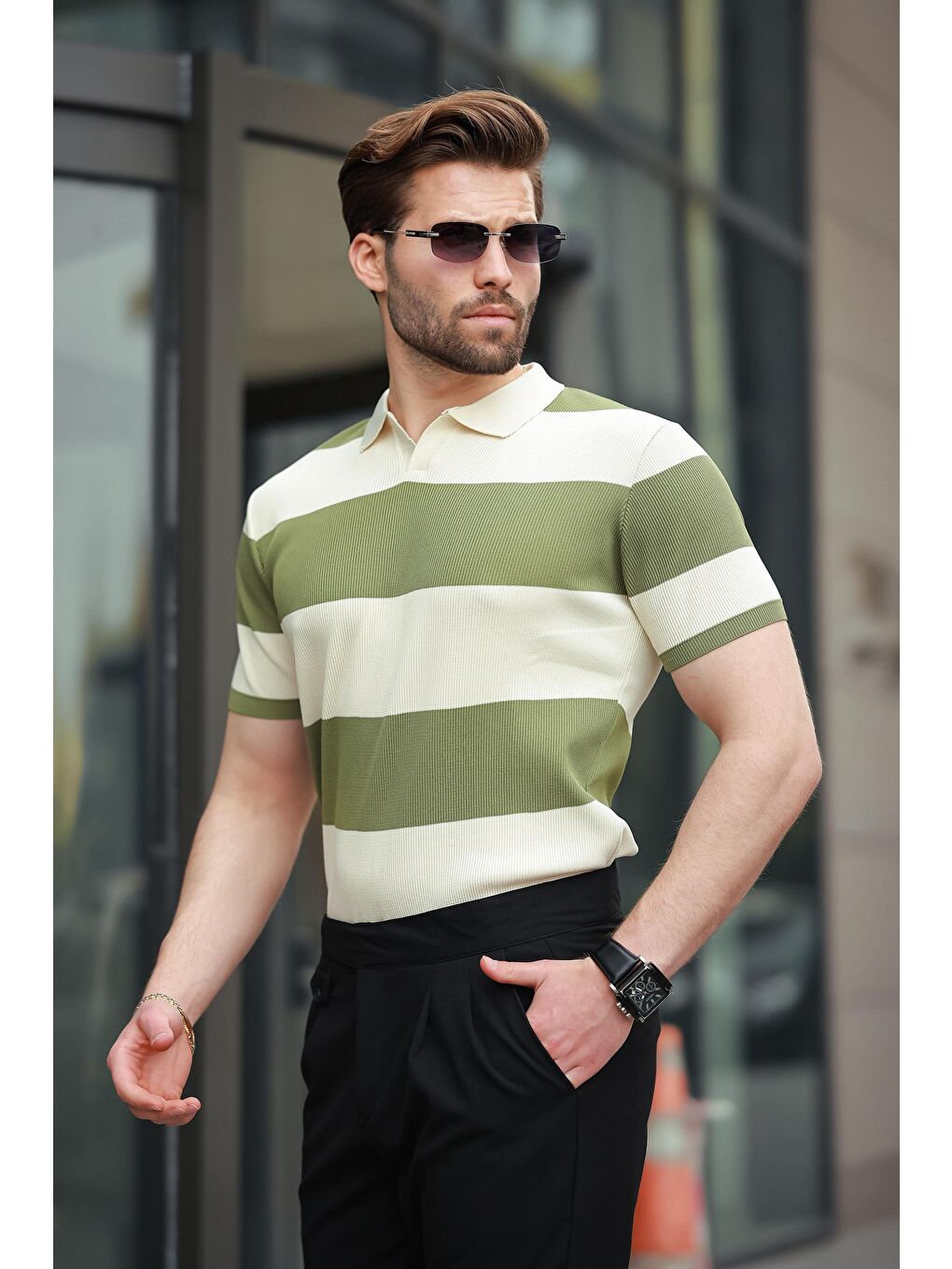 Haki Polo Yaka Çizgili Erkek Triko Tişört E7411