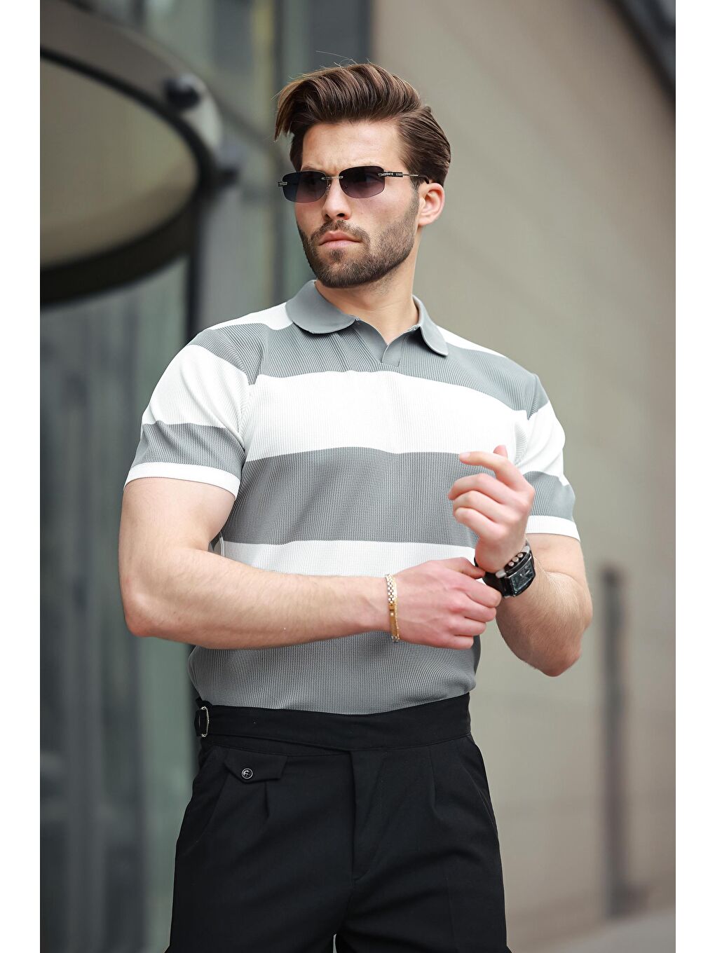 Beyaz Polo Yaka Çizgili Erkek Triko Tişört E7411-1