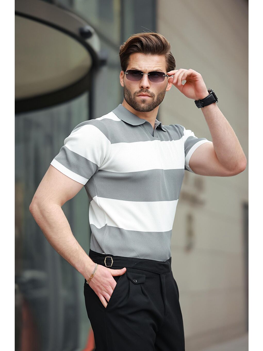 Beyaz Polo Yaka Çizgili Erkek Triko Tişört E7411-2