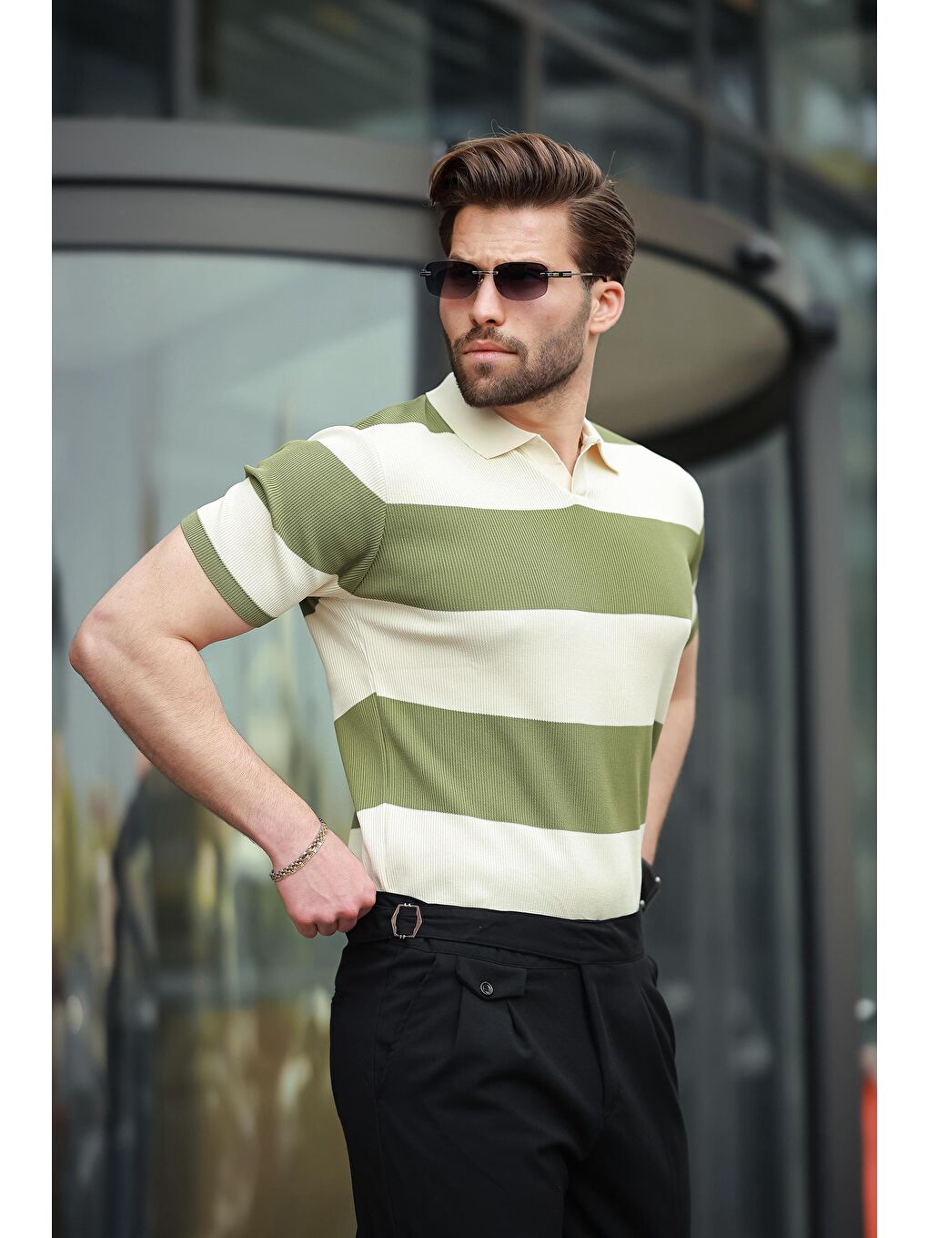 Haki Polo Yaka Çizgili Erkek Triko Tişört E7411-1