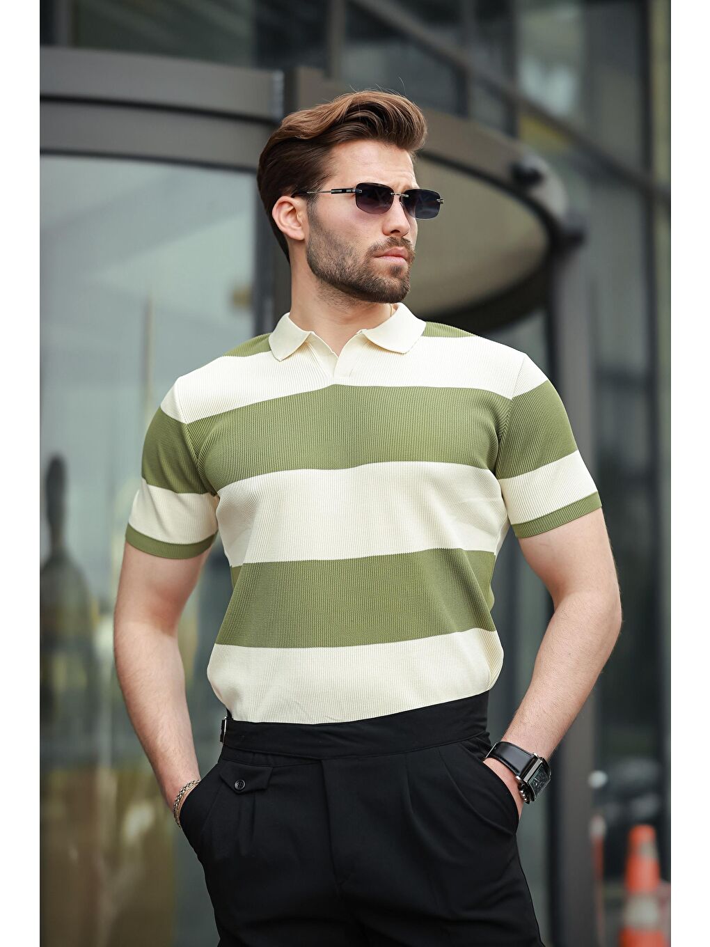 Haki Polo Yaka Çizgili Erkek Triko Tişört E7411-2