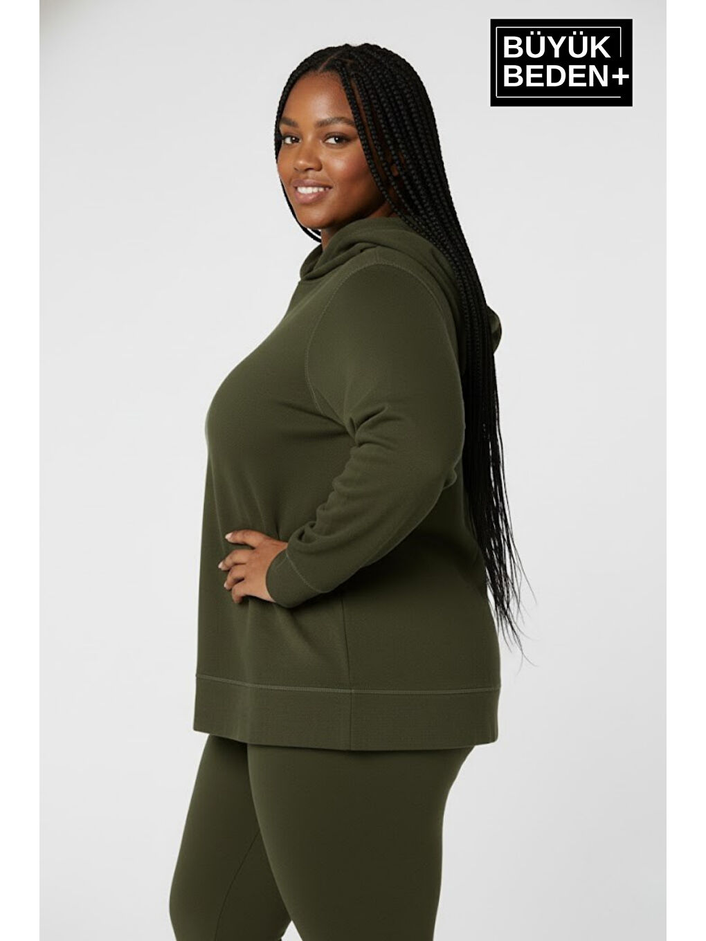 Haki Kadın Büyük Beden Kapüşonlu ince Sweatshirt SPR24BSWK57-1