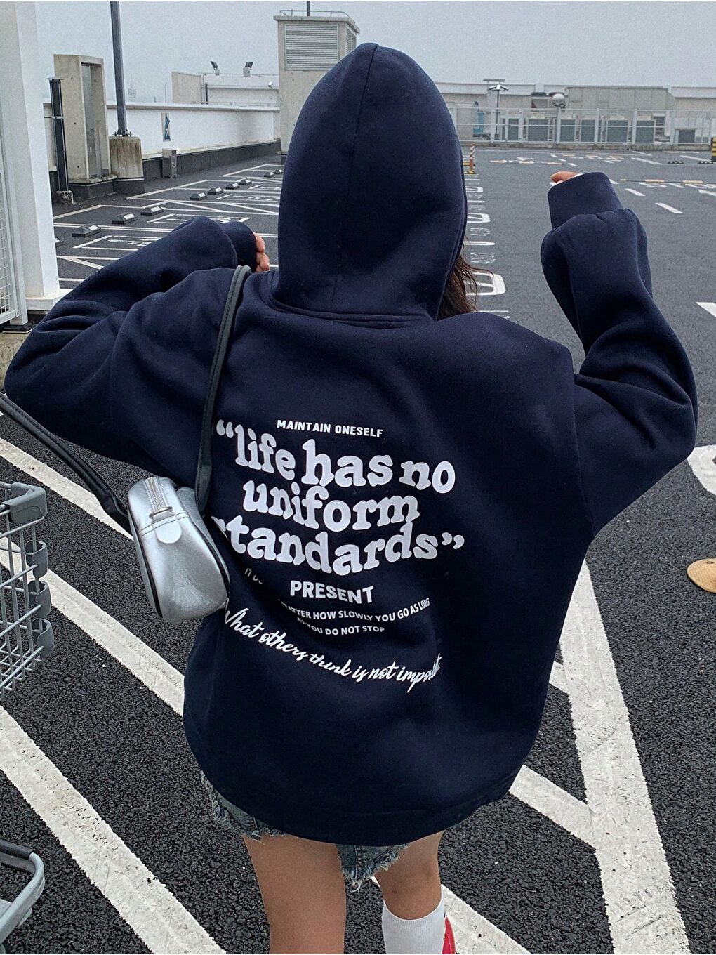 Kadın Lacivert Oversize Life Has Baskılı Kapüşonlu Sweatshirt Hoodie