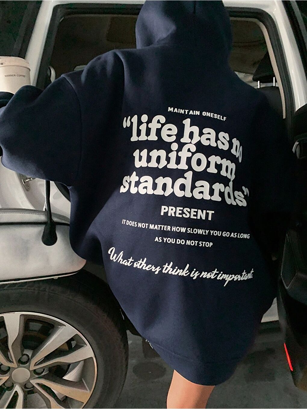 Kadın Lacivert Oversize Life Has Baskılı Kapüşonlu Sweatshirt Hoodie-1