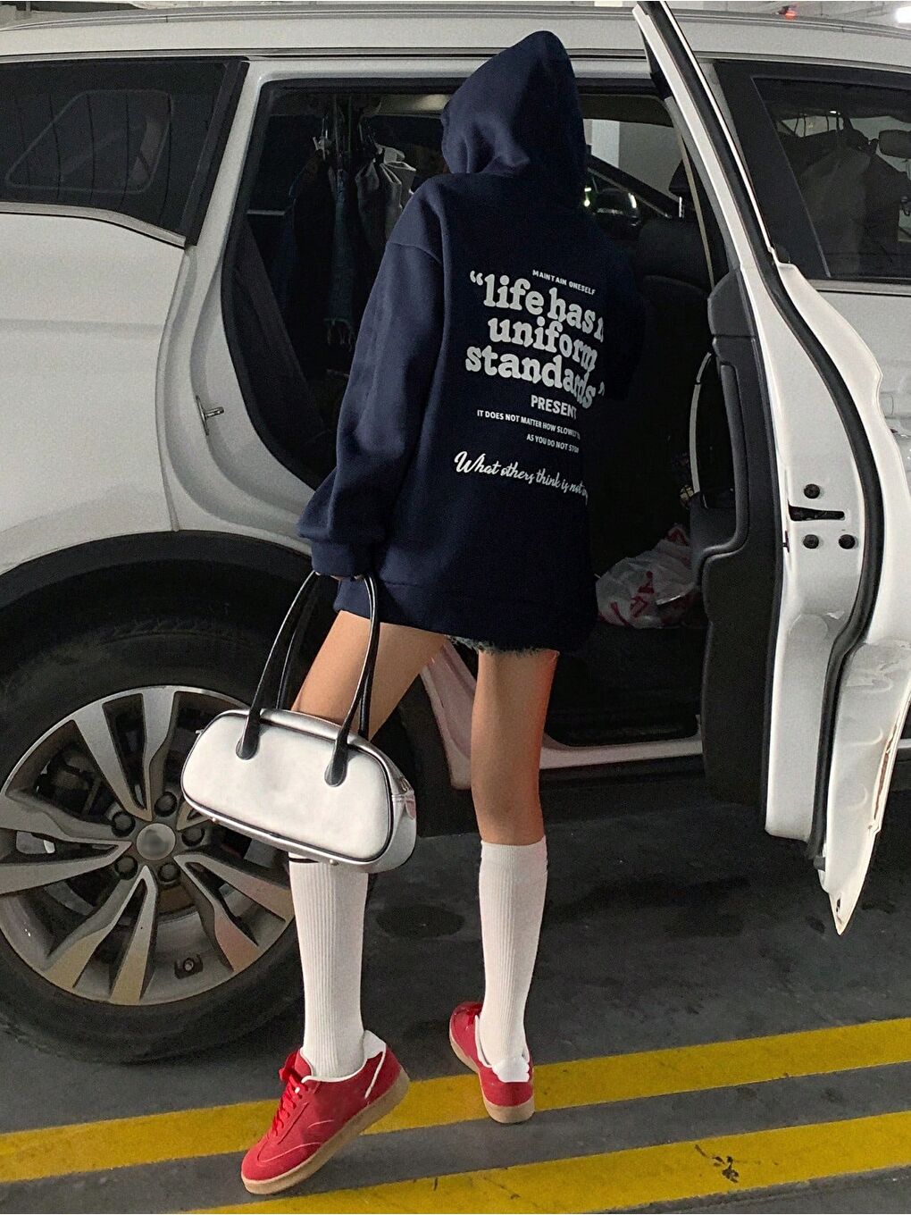 Kadın Lacivert Oversize Life Has Baskılı Kapüşonlu Sweatshirt Hoodie-2