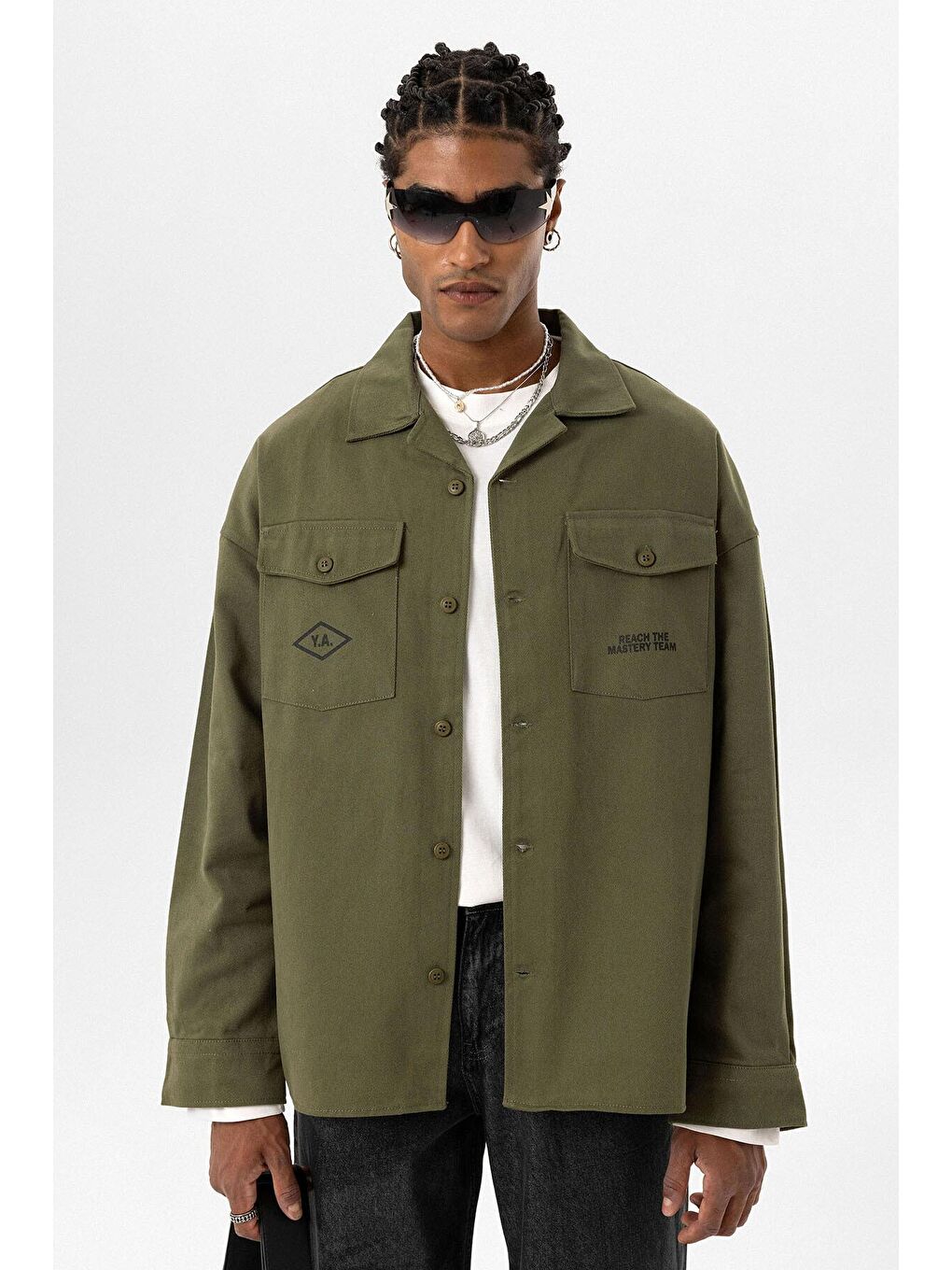 Haki Arka Baskılı Oversize Denim Erkek Ceket-2