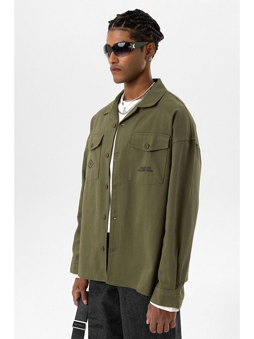 Haki Arka Baskılı Oversize Denim Erkek Ceket-3