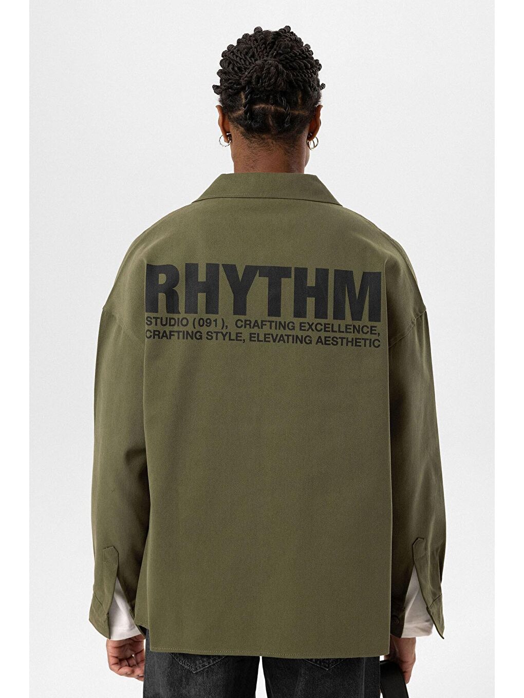 Haki Arka Baskılı Oversize Denim Erkek Ceket-4