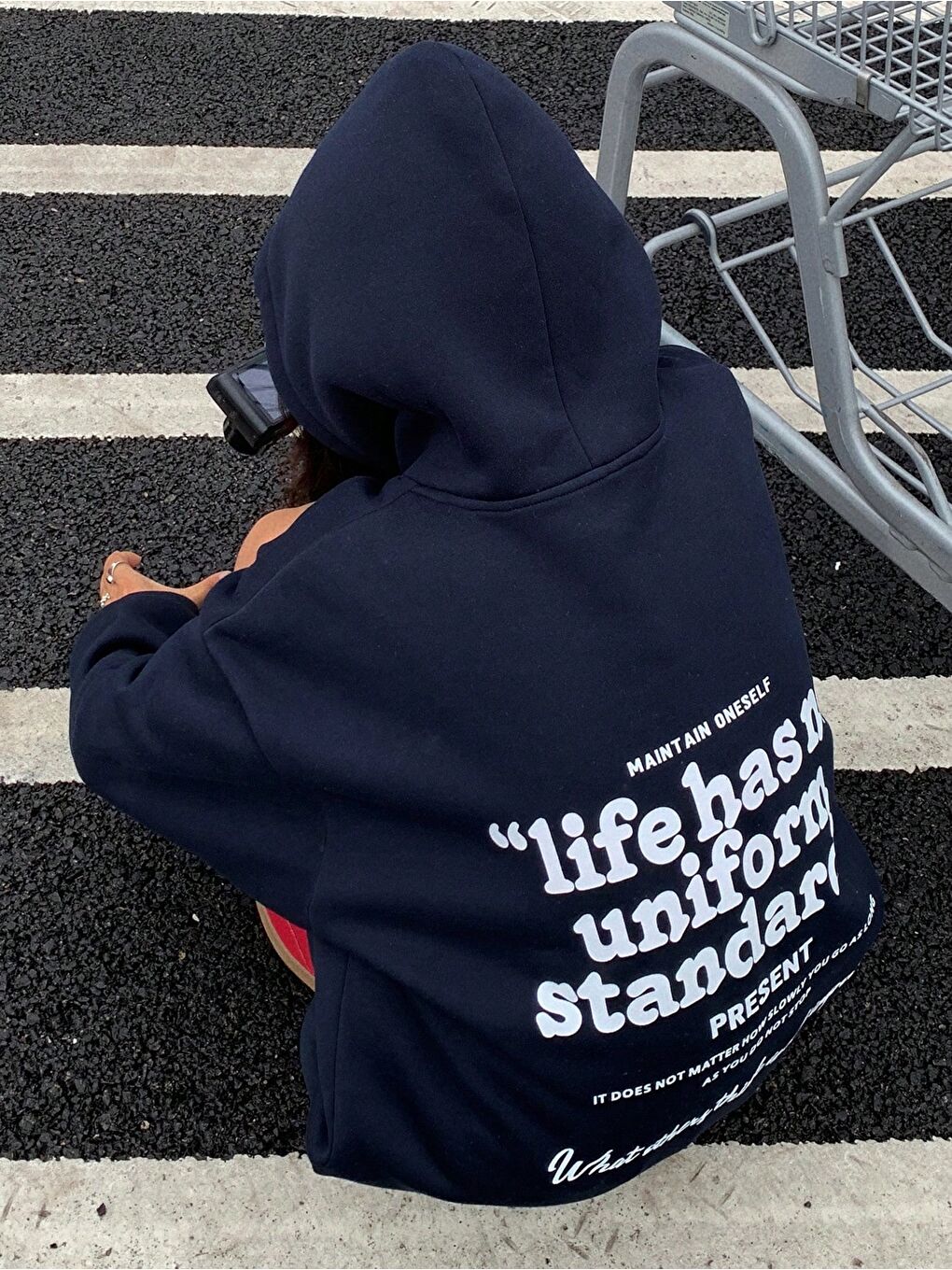 Kadın Lacivert Oversize Life Has Baskılı Kapüşonlu Sweatshirt Hoodie-5