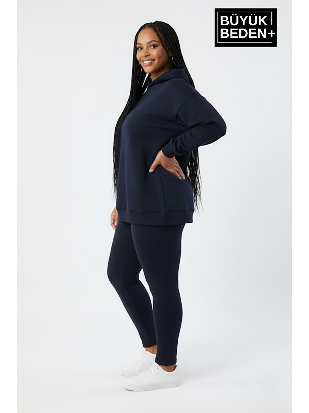 Lacivert Kadın Büyük Beden Kapüşonlu ince Sweatshirt SPR24BSWK57-1