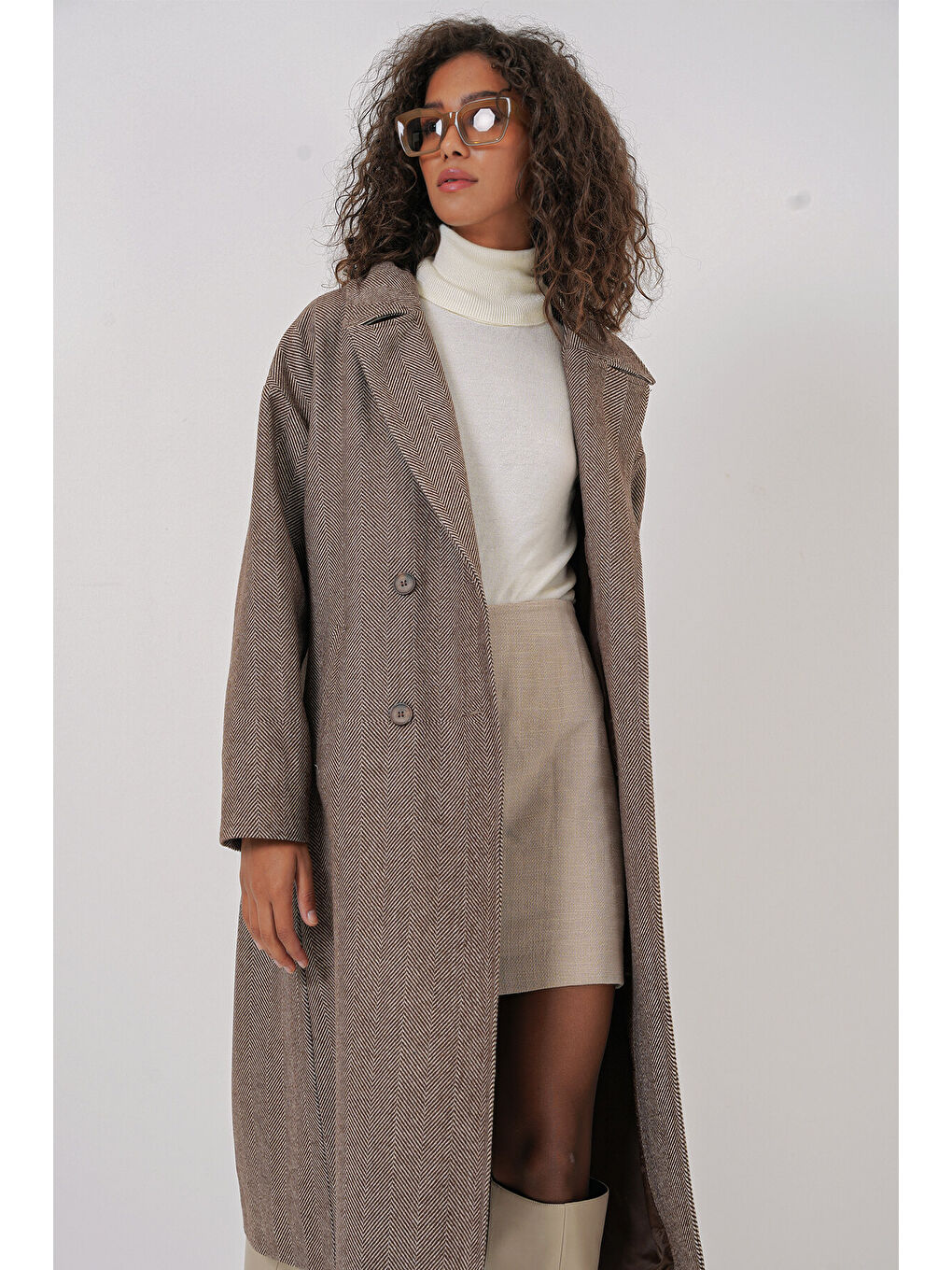 Kahverengi 9113 Oversize Geniş Kesim Yünlü Uzun Kaşe Kaban - A.Kahve