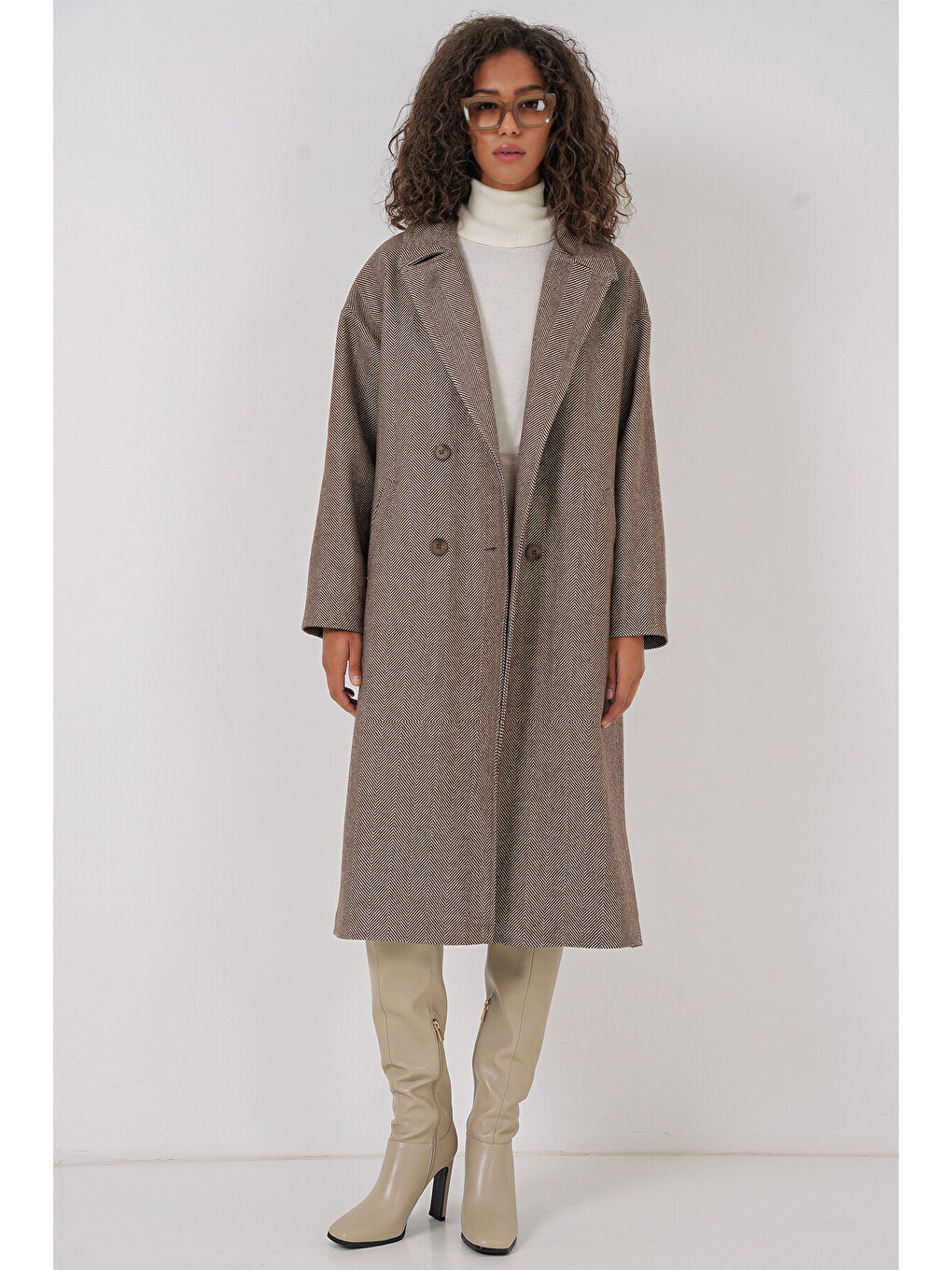 Kahverengi 9113 Oversize Geniş Kesim Yünlü Uzun Kaşe Kaban - A.Kahve-1