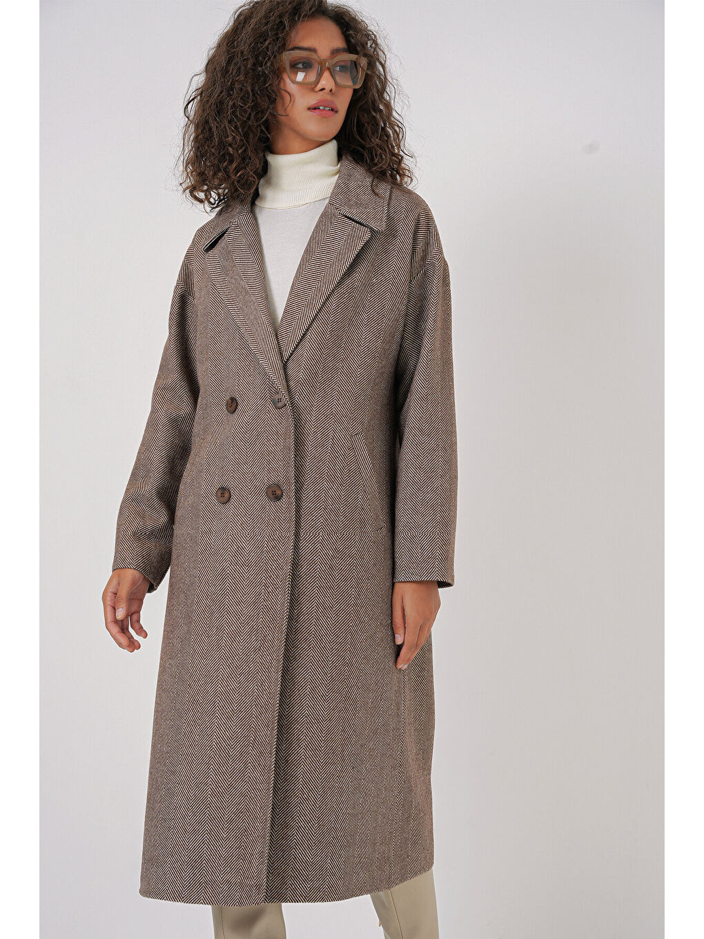 Kahverengi 9113 Oversize Geniş Kesim Yünlü Uzun Kaşe Kaban - A.Kahve-2