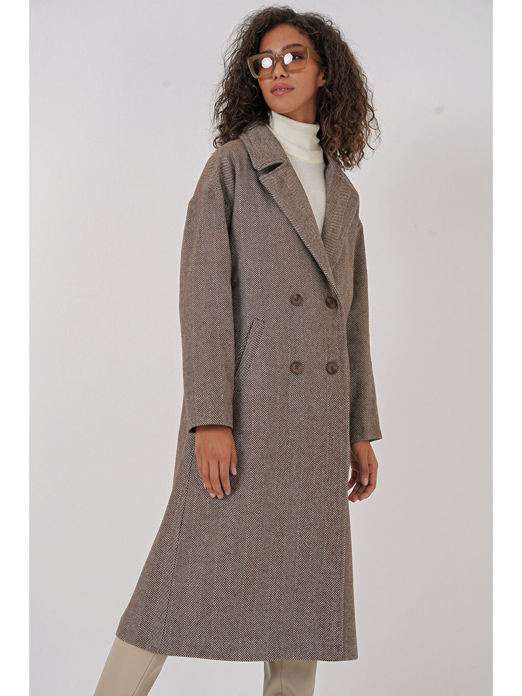 Kahverengi 9113 Oversize Geniş Kesim Yünlü Uzun Kaşe Kaban - A.Kahve-3