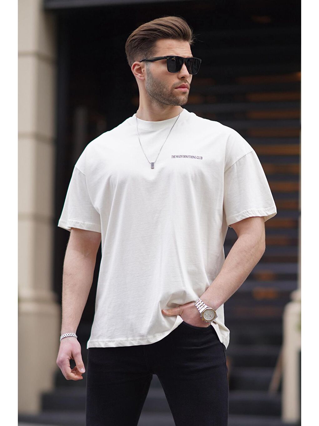 Ekru Oversize Baskılı Erkek %100 Pamuk Tişört 6192