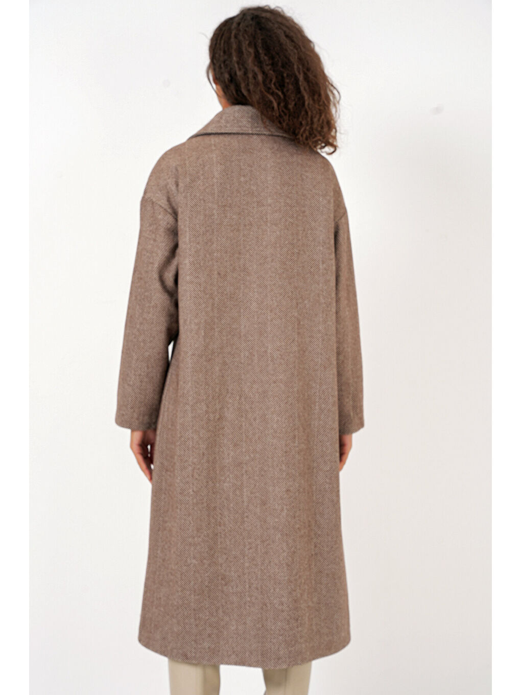 Kahverengi 9113 Oversize Geniş Kesim Yünlü Uzun Kaşe Kaban - A.Kahve-5
