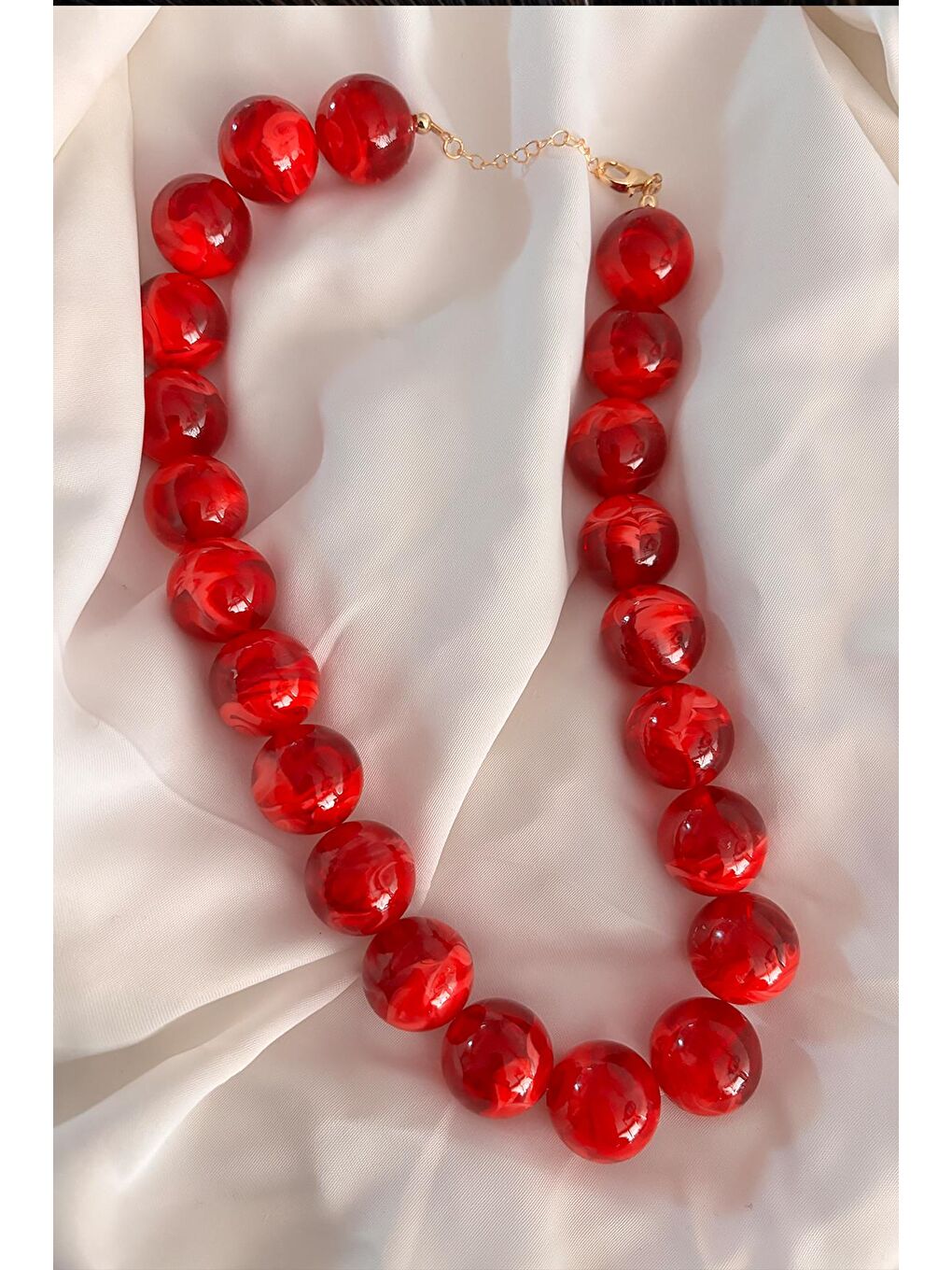 Kırmızı Büyük Boncuklu Kadın Kolye - 20mm Boncuklu-2