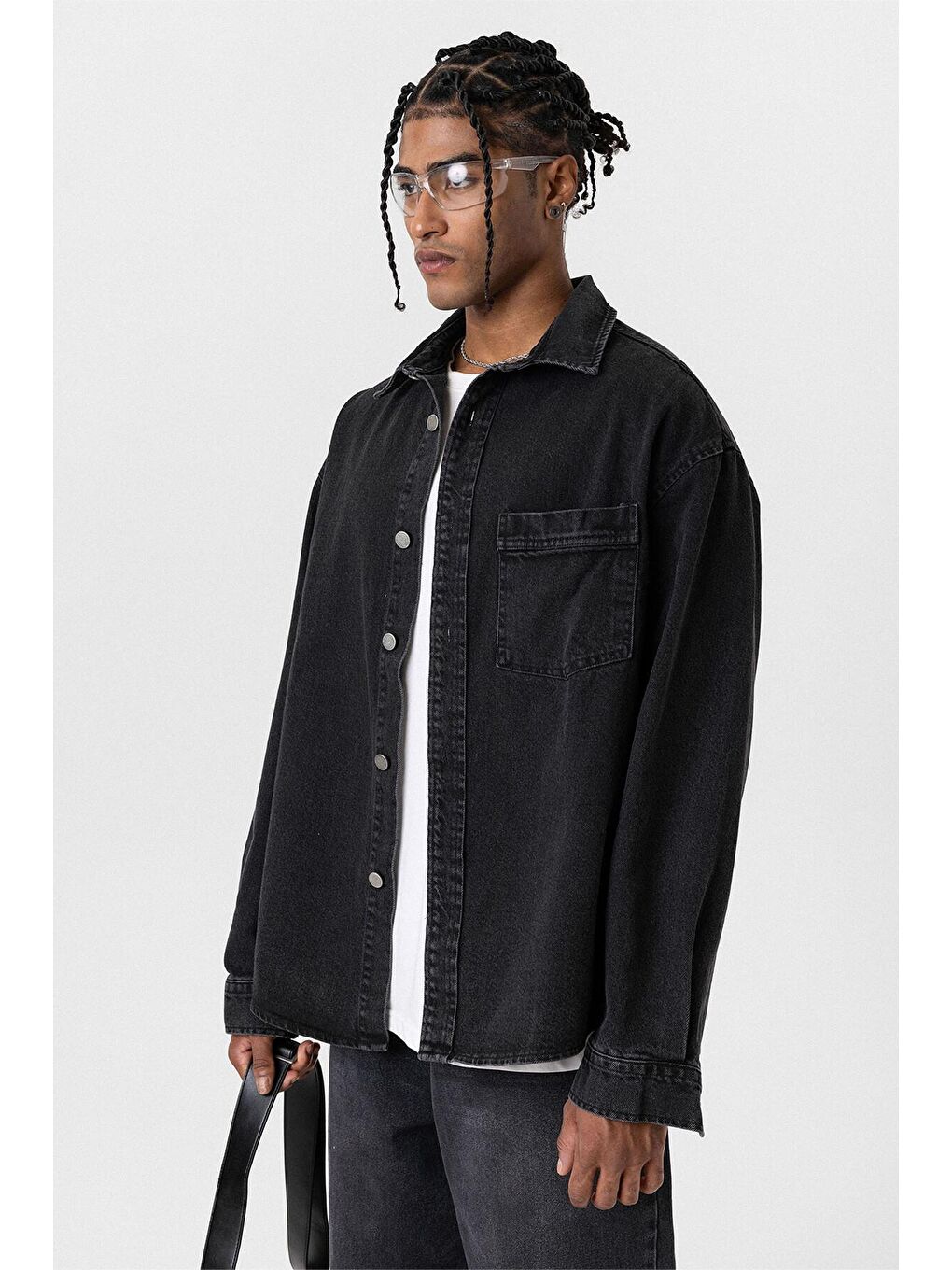 Cep Detaylı Oversıze Denim Ceket Siyah-4