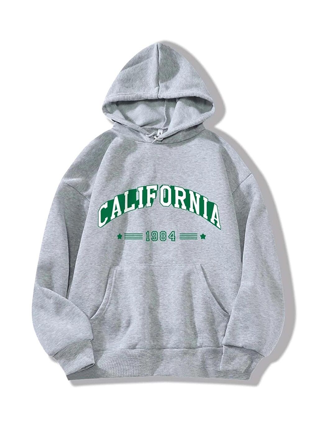 Gri Unisex GRİ California 1984 Baskılı Kapüşonlu Oversize Sweatshirt