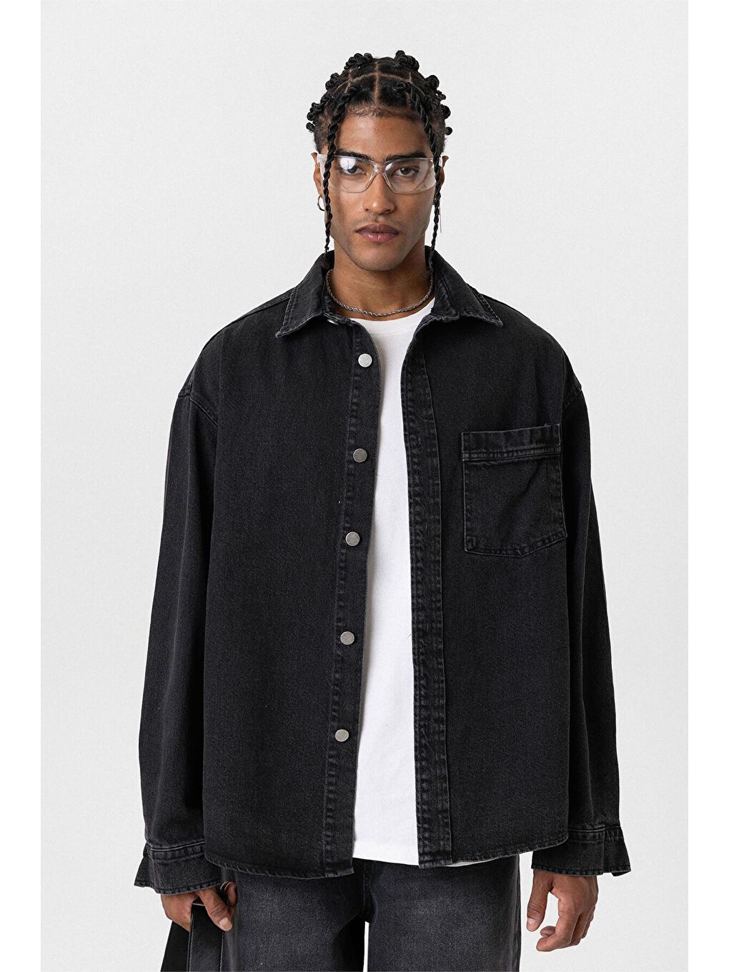 Cep Detaylı Oversıze Denim Ceket Siyah-6