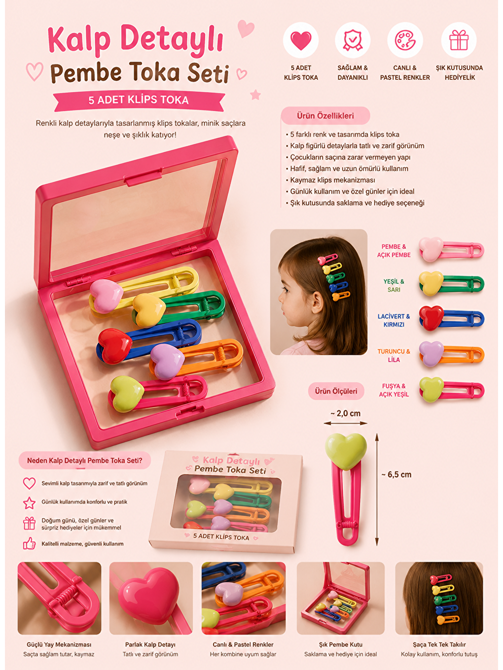 Kalp Detaylı Pembe Toka Seti-2