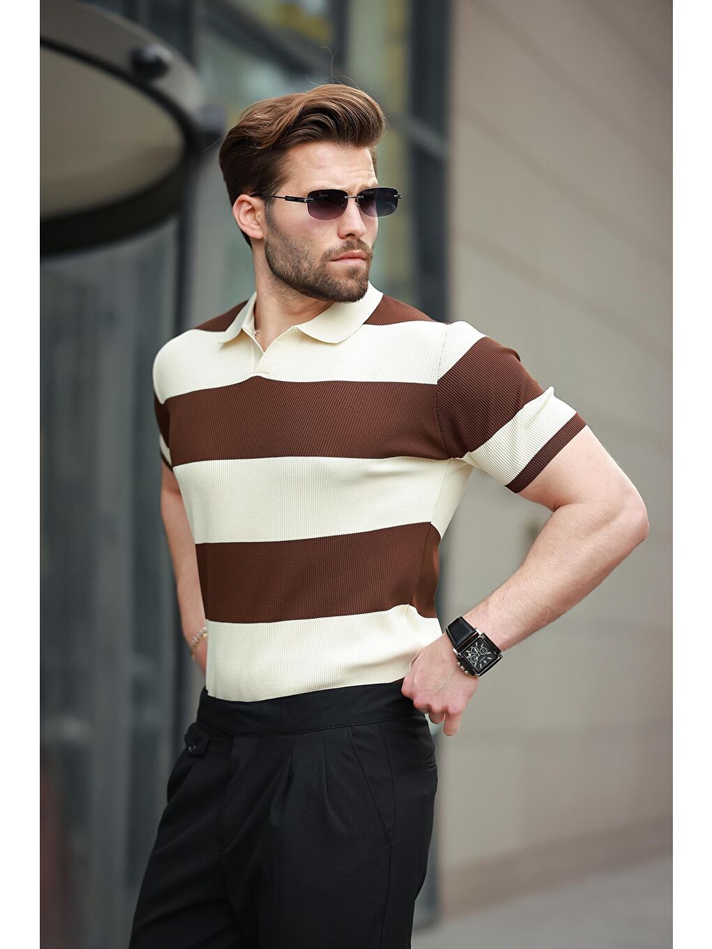 Kahverengi Polo Yaka Çizgili Erkek Triko Tişört E7411-1