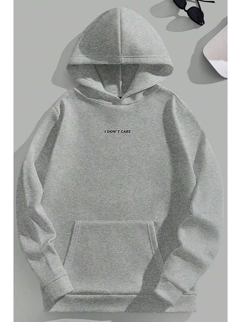 Trendseninle Kadın 3 İplik Gri Oversize I Dont Care Baskılı Kapüşonlu Sweatshirt Hoodie