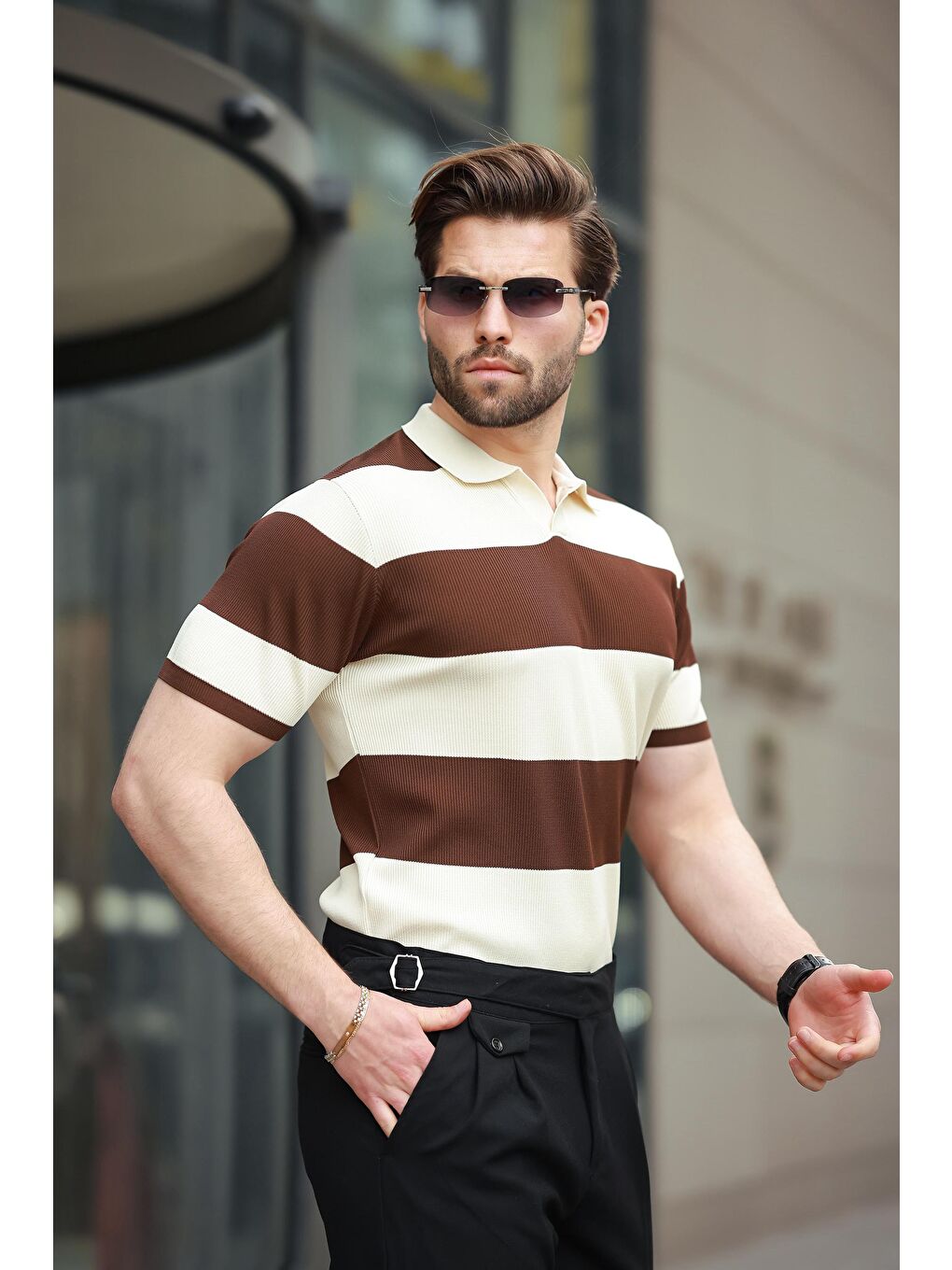 Kahverengi Polo Yaka Çizgili Erkek Triko Tişört E7411-2
