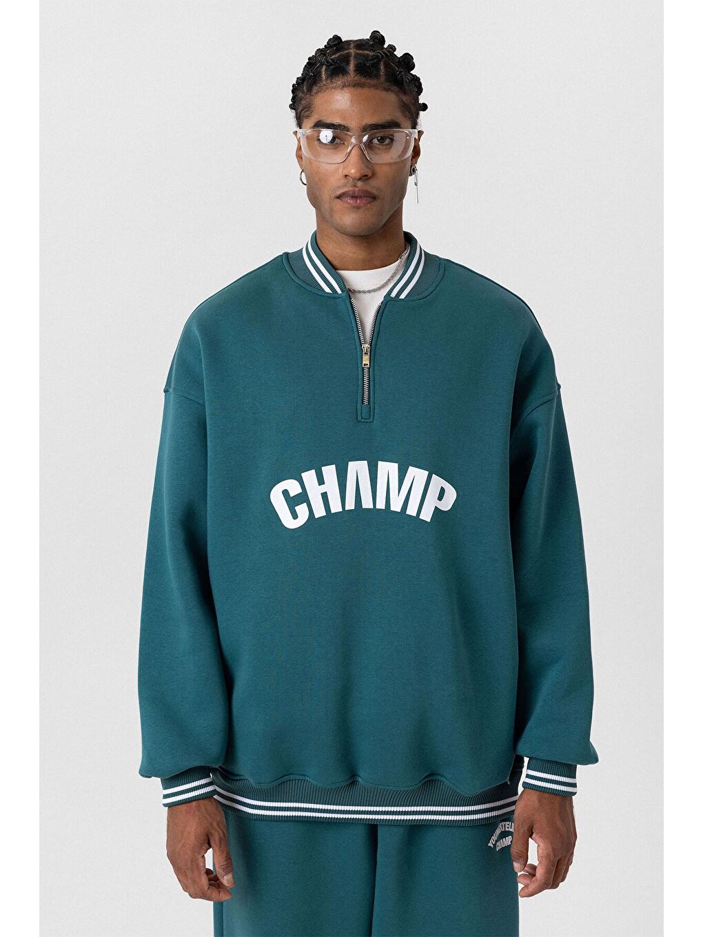 Yazı Detaylı Oversize Eşofman Takım Petrol-2