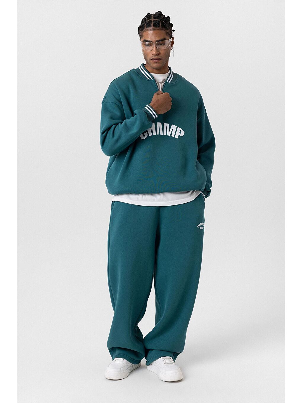 Yazı Detaylı Oversize Eşofman Takım Petrol-3