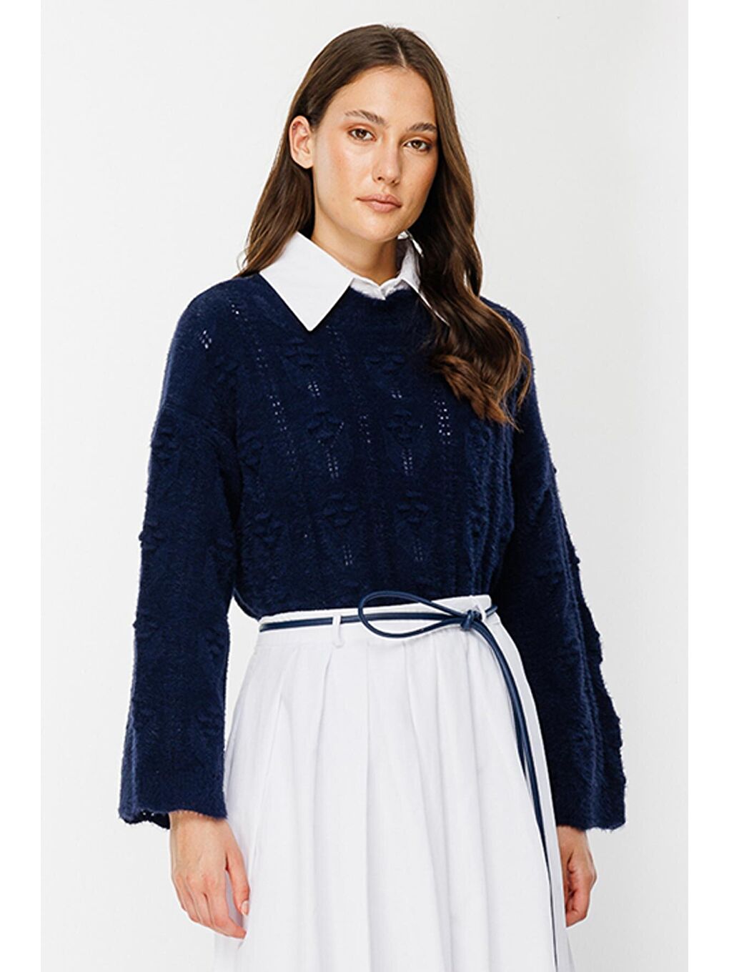 Ajur Örgü Ponponlu Lacivert Kazak