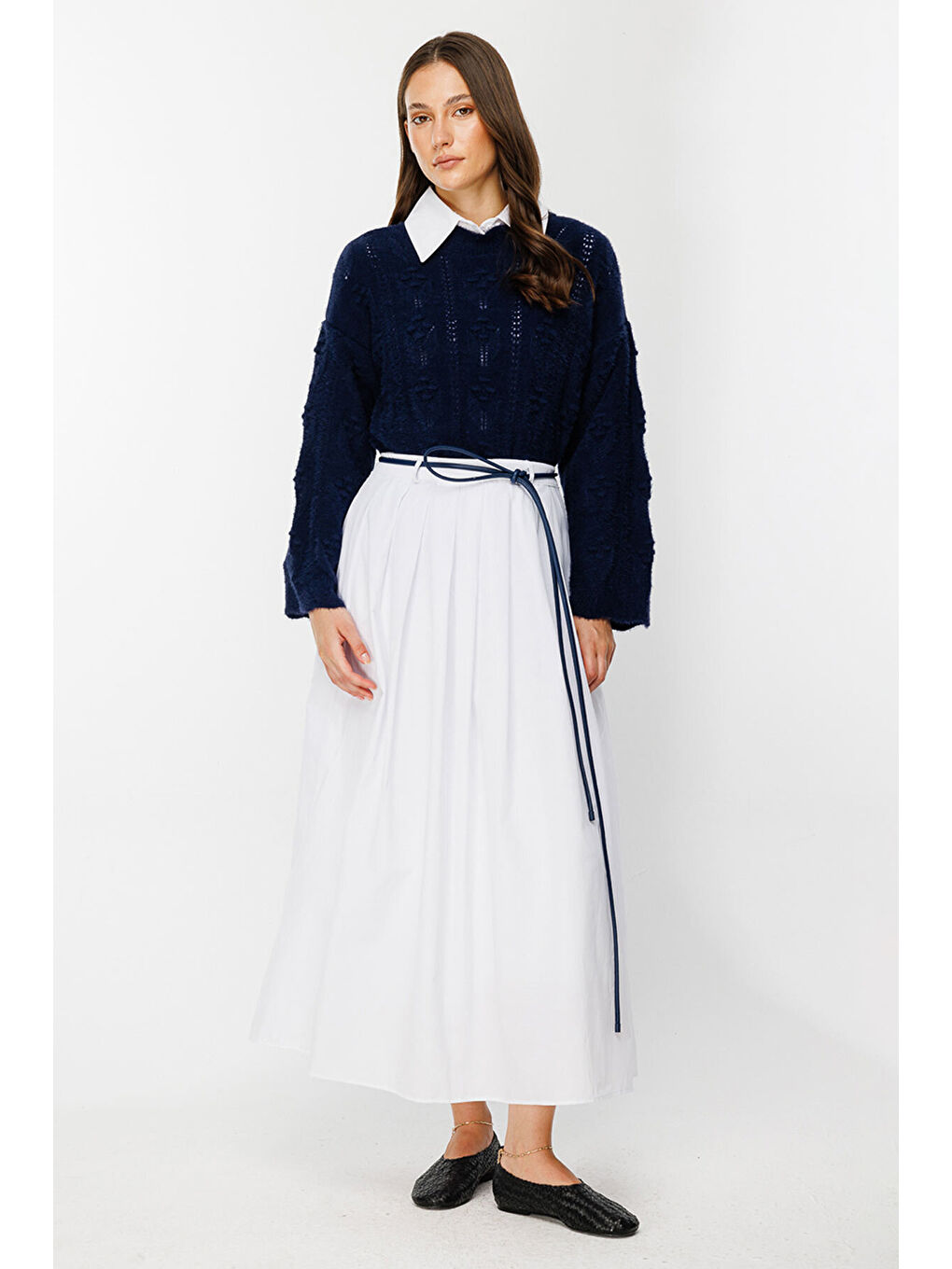 Ajur Örgü Ponponlu Lacivert Kazak-1