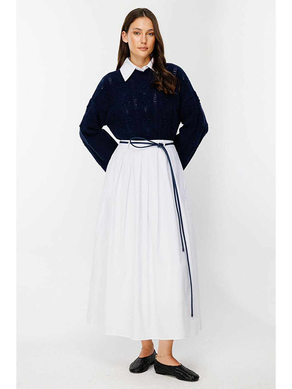 Ajur Örgü Ponponlu Lacivert Kazak-2