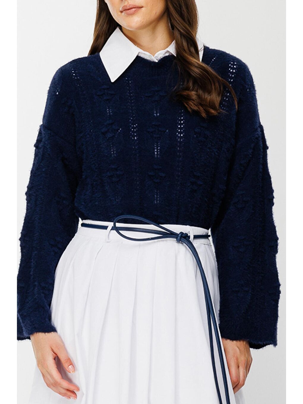 Ajur Örgü Ponponlu Lacivert Kazak-3