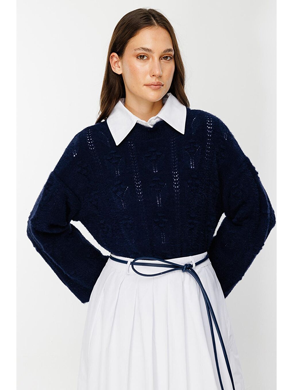 Ajur Örgü Ponponlu Lacivert Kazak-4