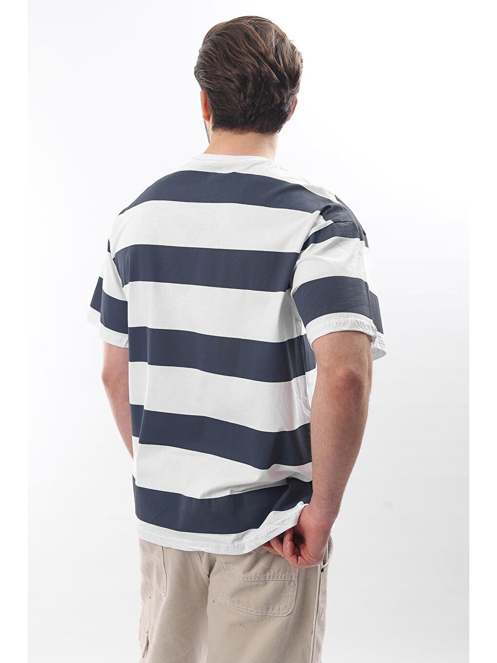 İndigo Oversize Renk Bloklu Bisiklet Yaka Kısa Kollu Tişört 7030-5