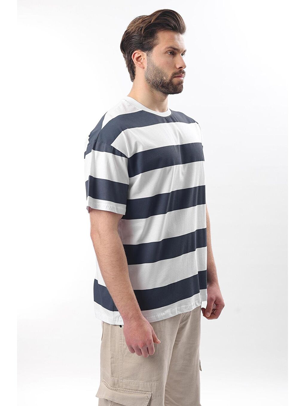 İndigo Oversize Renk Bloklu Bisiklet Yaka Kısa Kollu Tişört 7030-6